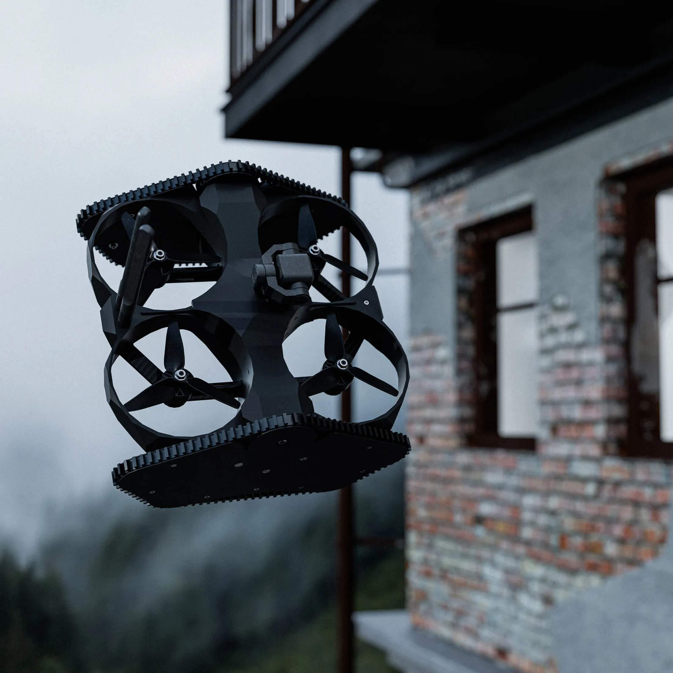 Griffin UGAV Prototype. Prototype renders for a hybrid platform that drives on tracks and flies for short duration.