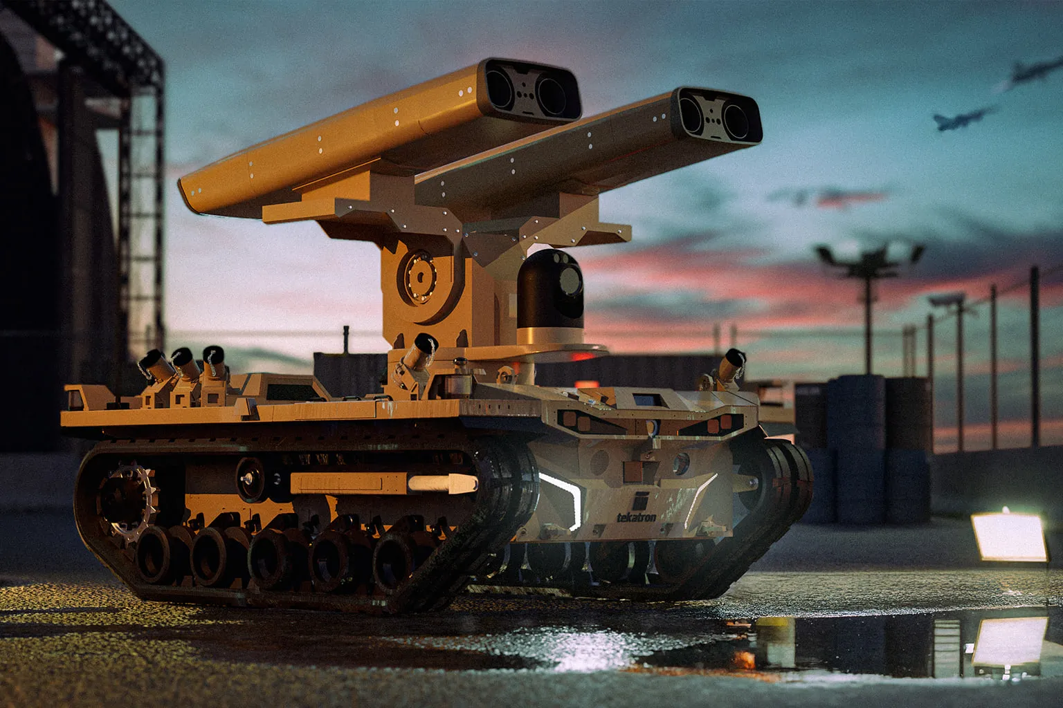 Palem Tracked Platform. A high-capacity tracked platform rendered across its mission configurations, in Blender and Unreal Engine.