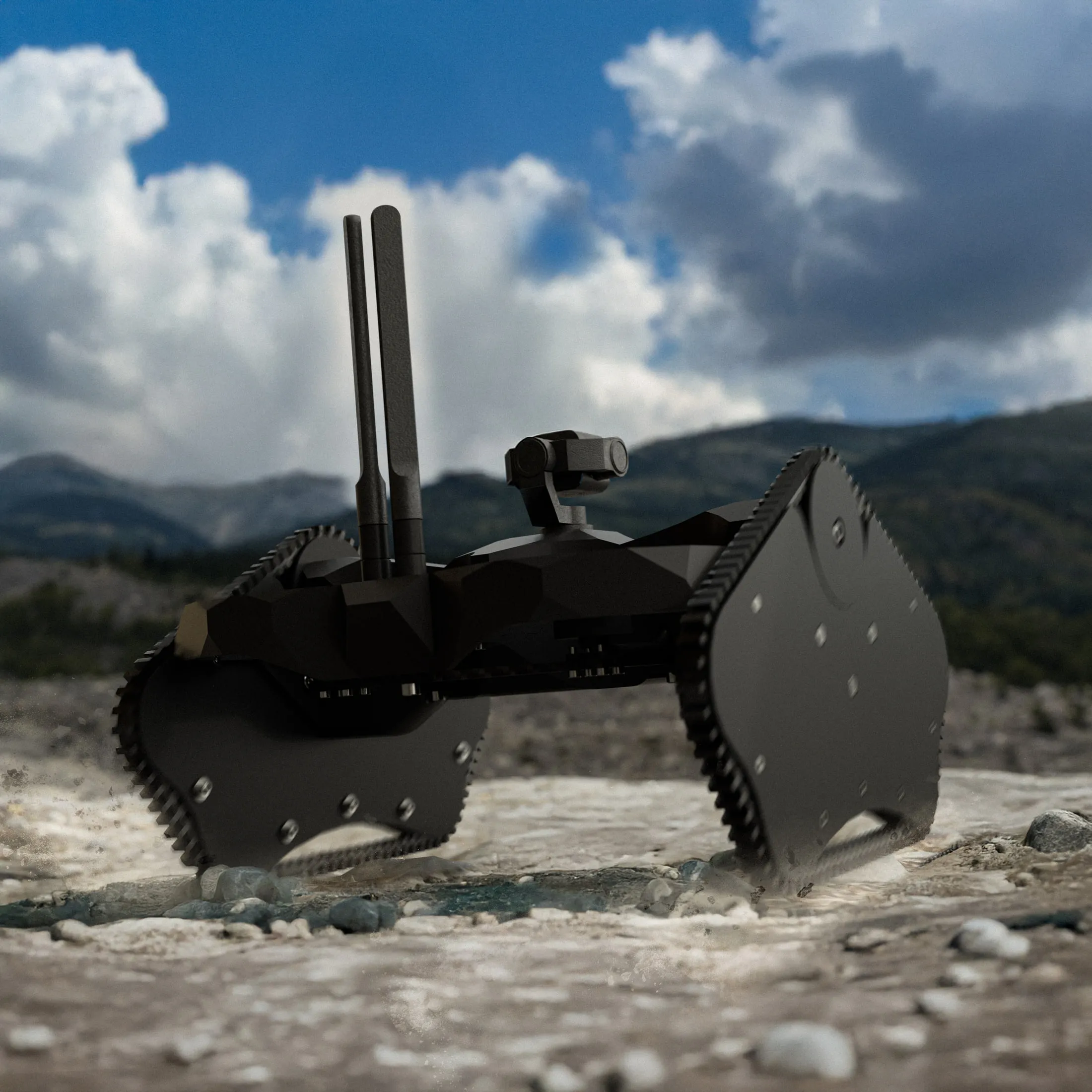 Griffin UGAV in ground mode on a rocky riverbed under a bright cloudy sky, its angular black side pods and camera turret visible.