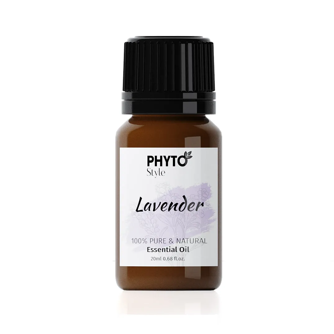 Phyto Style lavender essential oil in a 20ml amber bottle on white, the label reading 100% pure and natural essential oil.