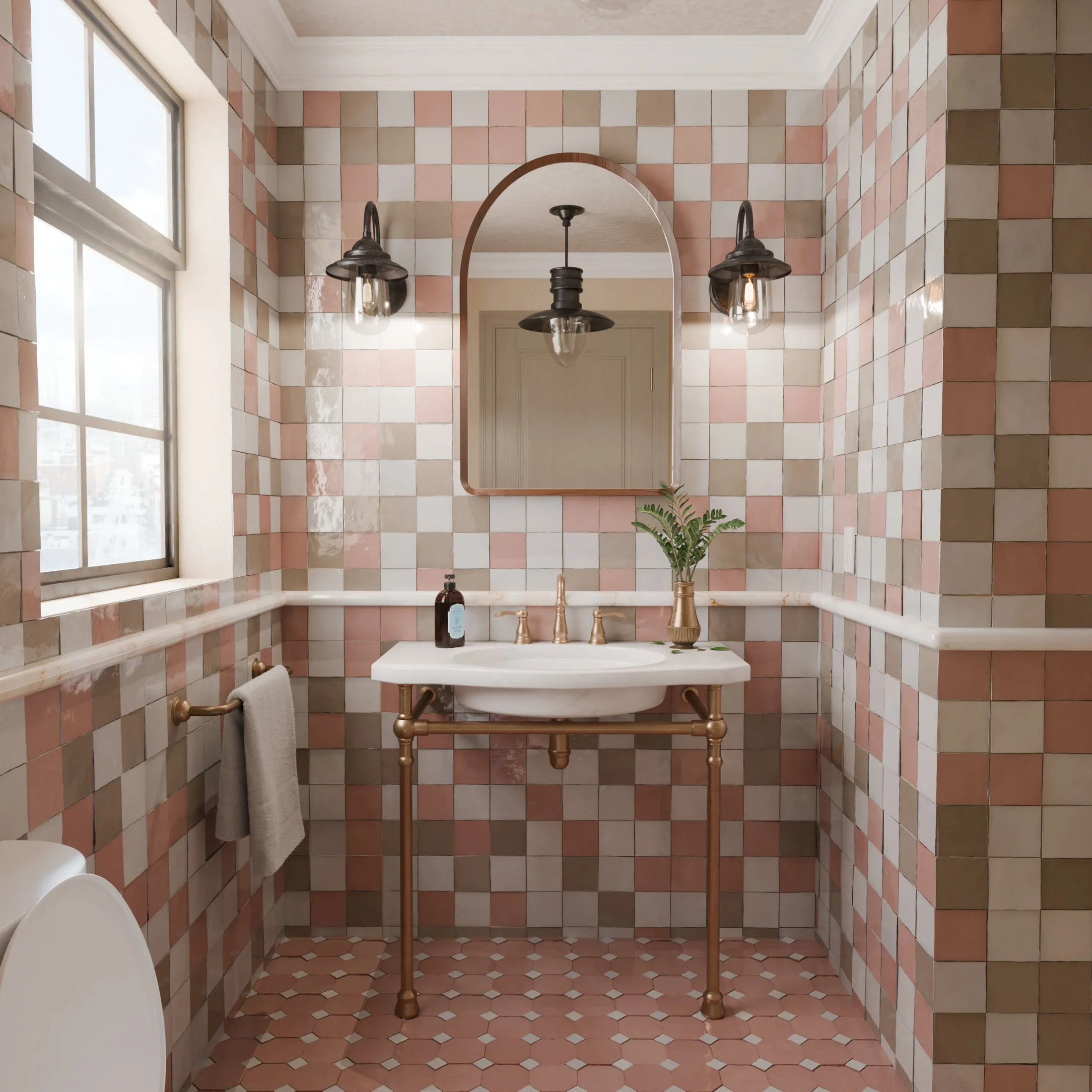 The same bathroom re-tiled in a pink, terracotta and cream checkerboard, showing how one modelled room carries an entirely different tile collection.