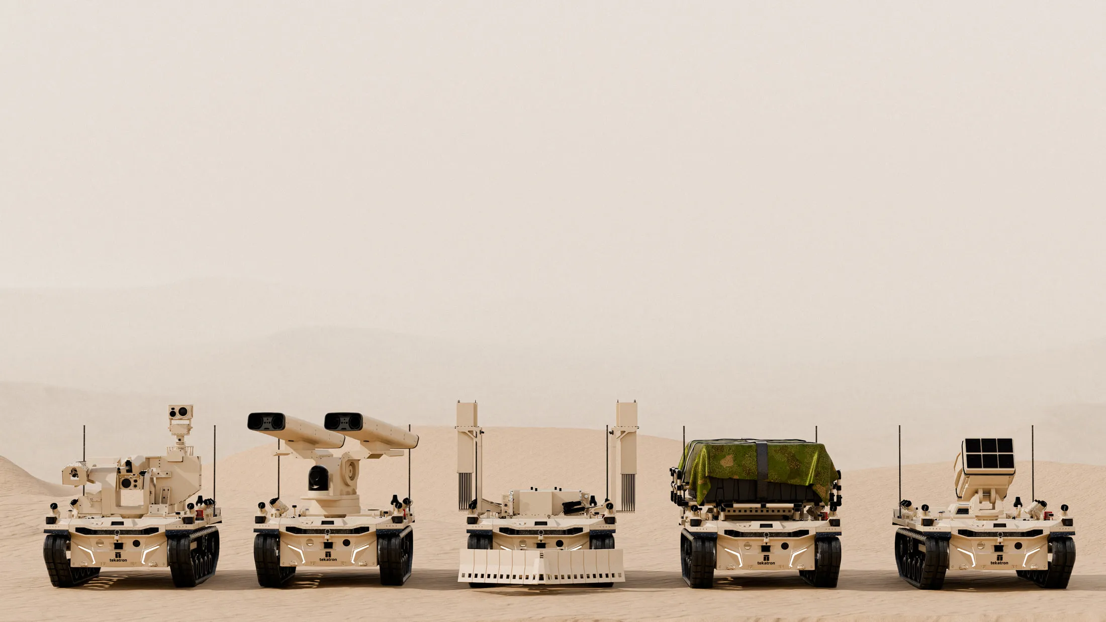 Five Palem configurations lined up side by side against a pale desert backdrop, showing the same tracked chassis under different mission payloads.