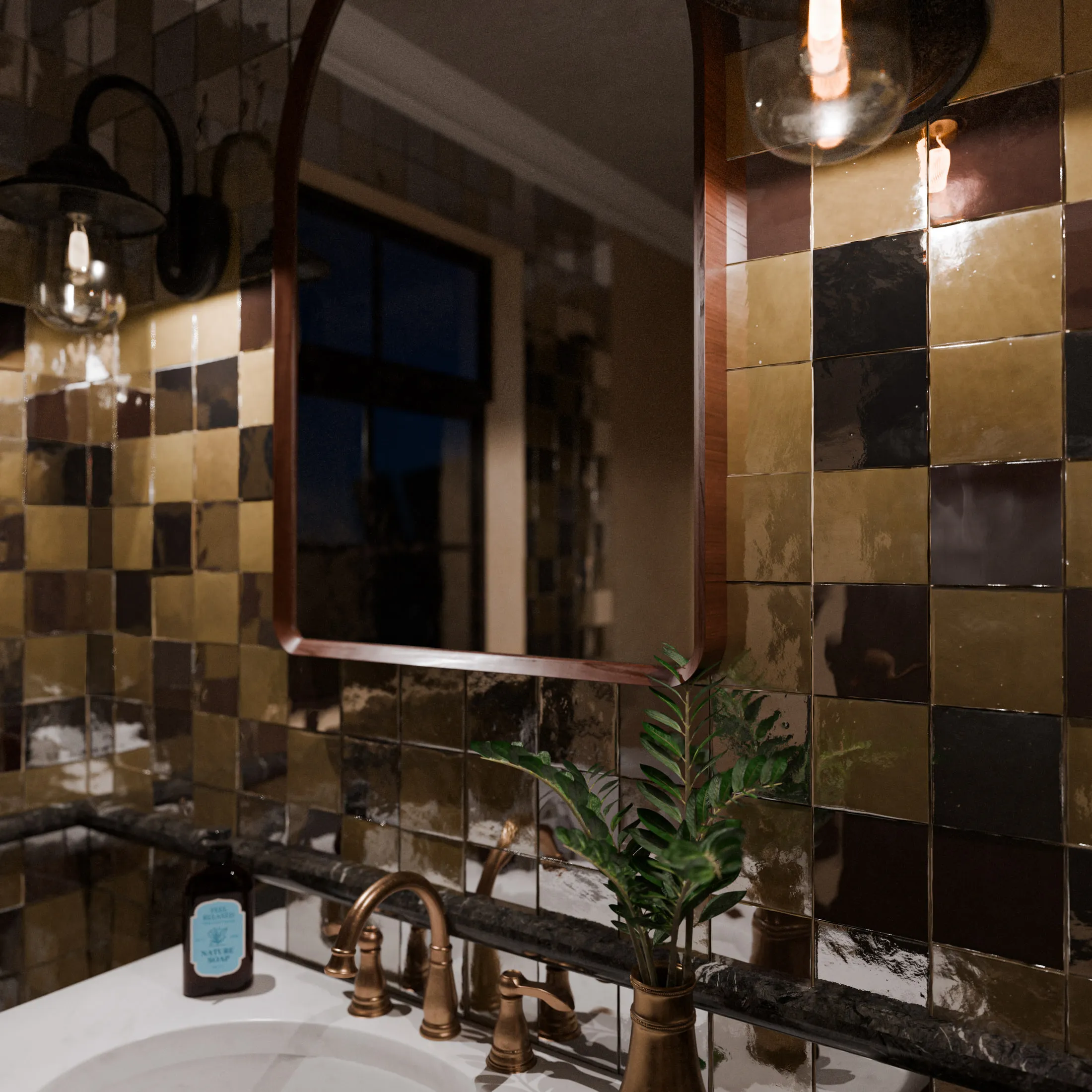 Close view of the olive and gold glazed tile scheme behind a brass basin, showing the uneven glaze and colour variation across individual squares.