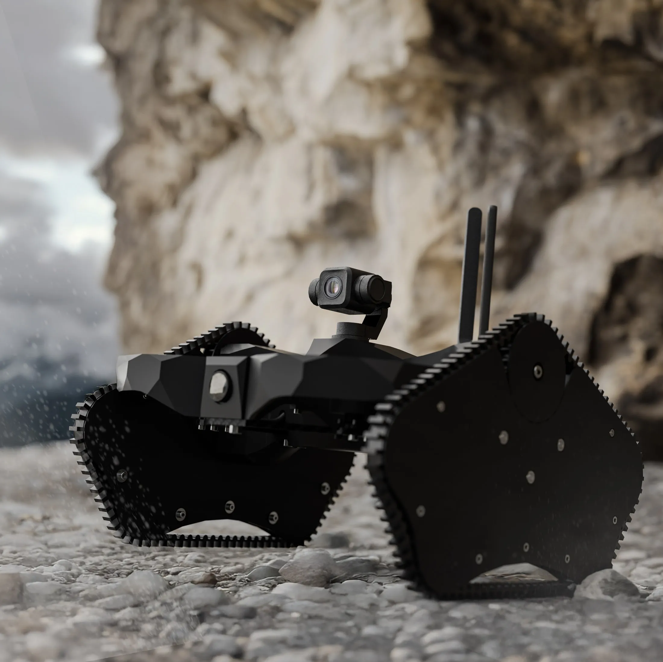 Low-angle view of the Griffin UGAV on loose stone at the mouth of a cave, tracks and twin antennas silhouetted against the rock.