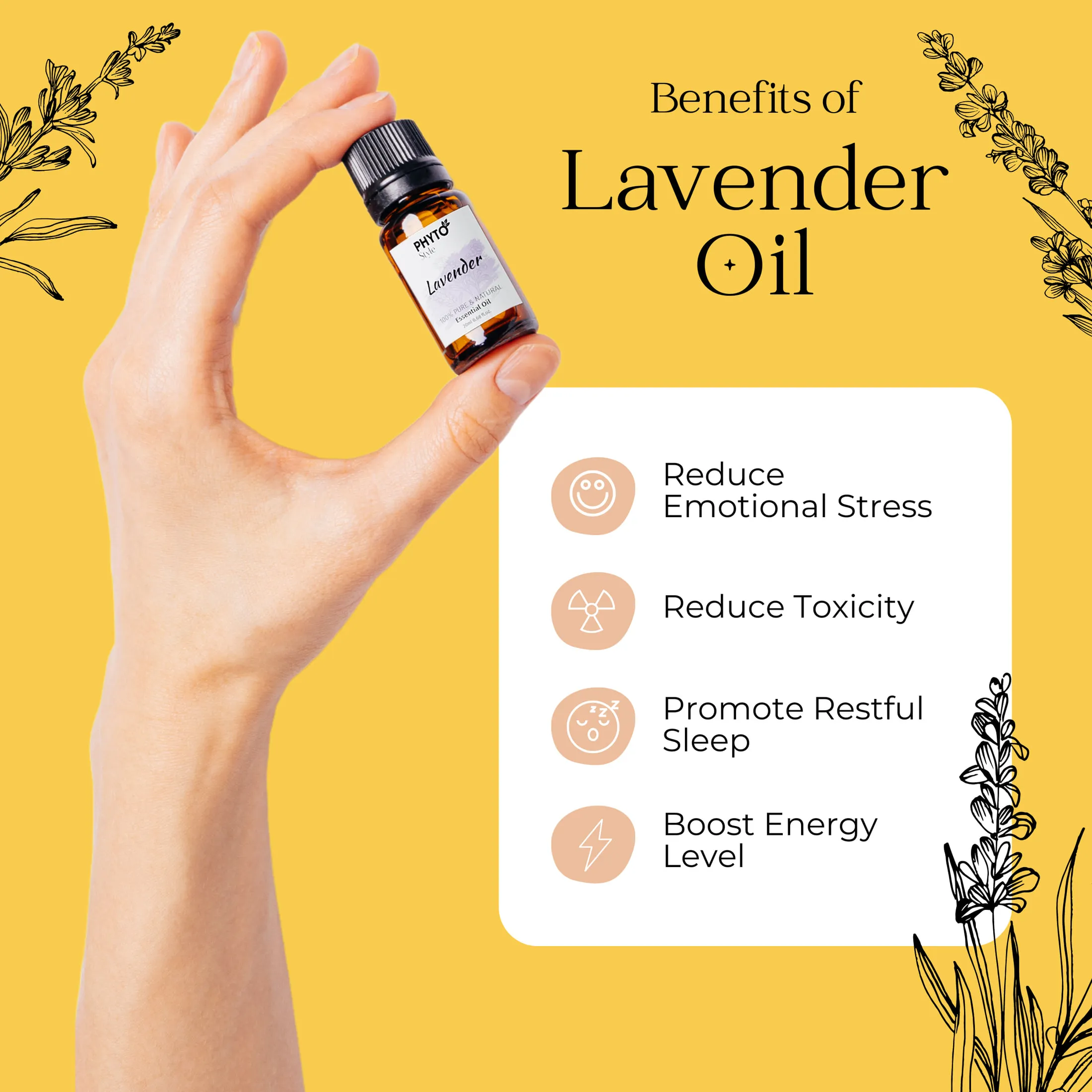 Benefits of lavender oil infographic: a hand holding the amber bottle beside four illustrated callouts for reducing emotional stress and toxicity, promoting restful sleep and boosting energy.