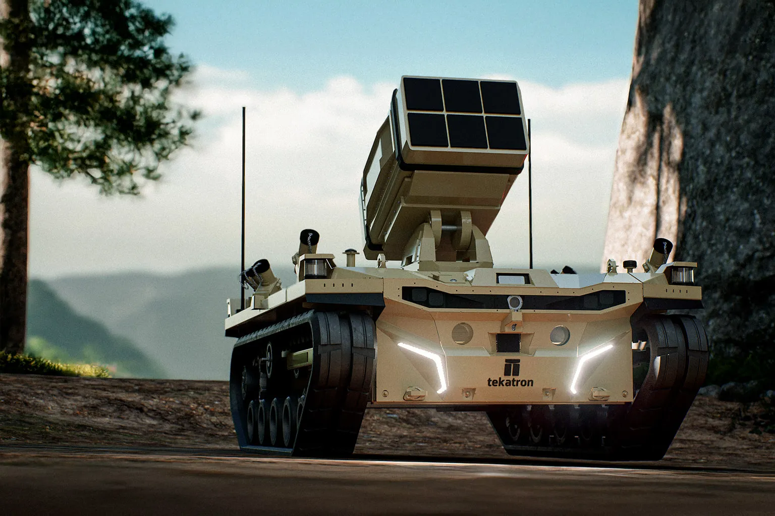 Front view of the Palem platform on a mountain road with headlights on and a panel array raised above the deck.
