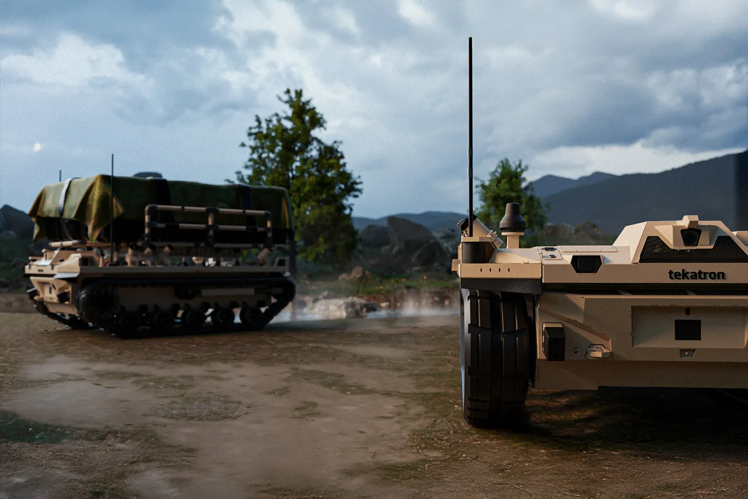 Two Palem units in temperate terrain, one in green camouflage with a boxed payload and one in desert tan, mountains behind.