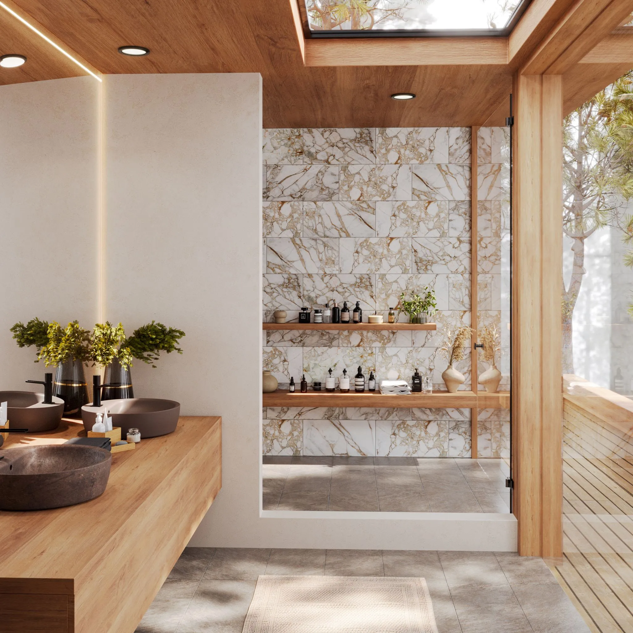 Bathroom faced in Calacatta Verde marble-look porcelain, with twin stone vessel basins on a timber counter, a slatted wood ceiling and a skylight.