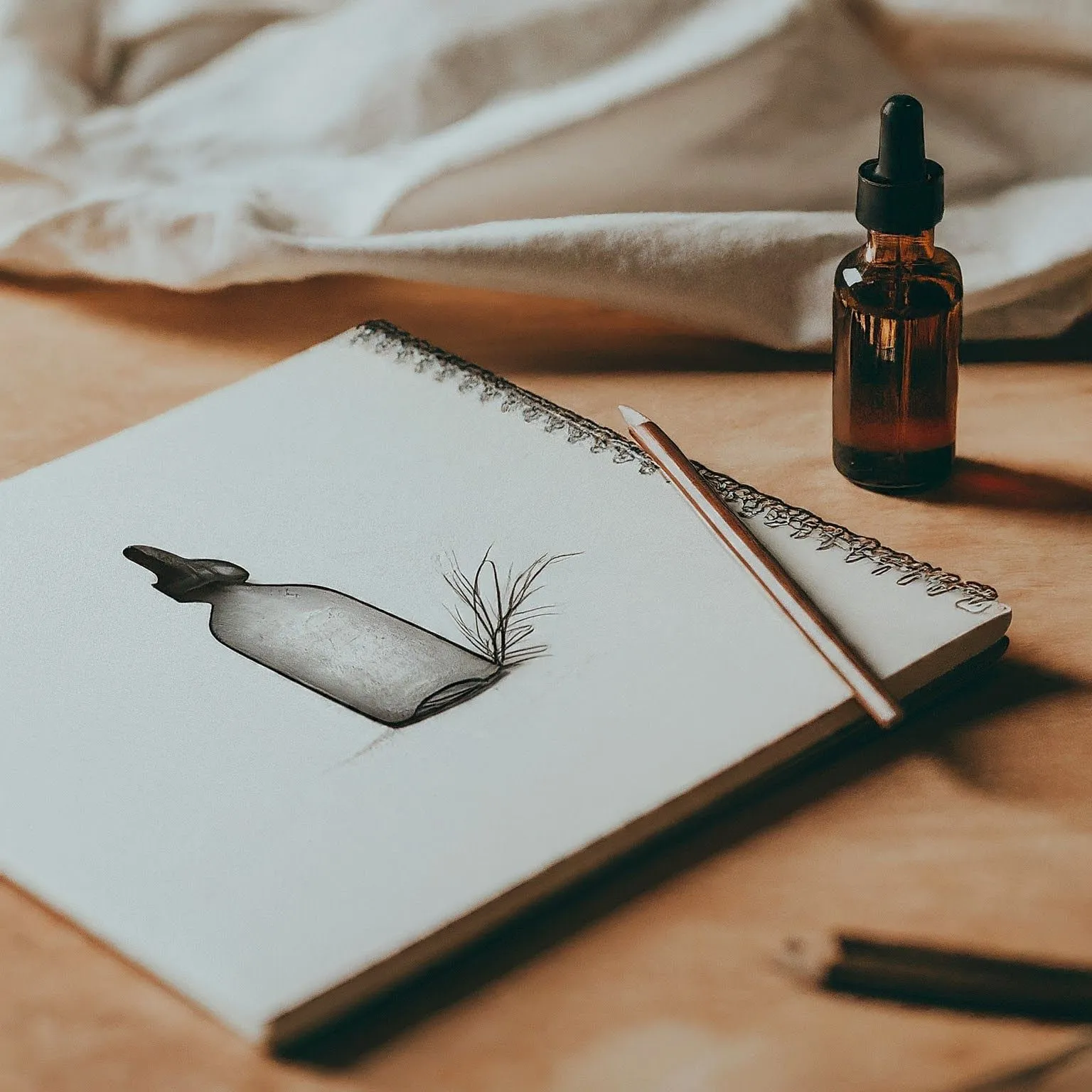 Amber dropper bottle on linen beside a sketchbook showing a pencil drawing of the same bottle, with drawing pencils alongside.