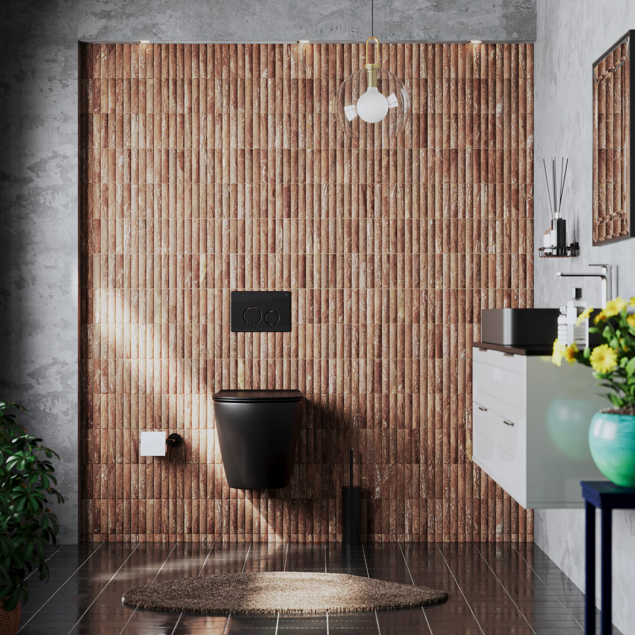Bathroom wall in fluted terracotta tile lit by low sun, with a black wall-hung WC, a white vanity unit and a round jute rug on a dark floor.