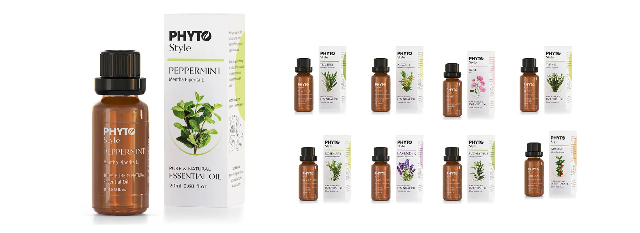 The full Phyto Style essential oil range laid out as ten bottle-and-carton pairs beside a peppermint hero shot.