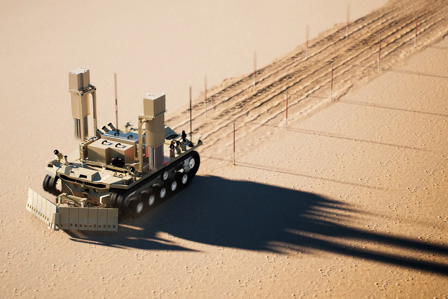 High-angle view of the Palem platform crossing open sand, antenna mast raised and casting a long shadow across the dune.