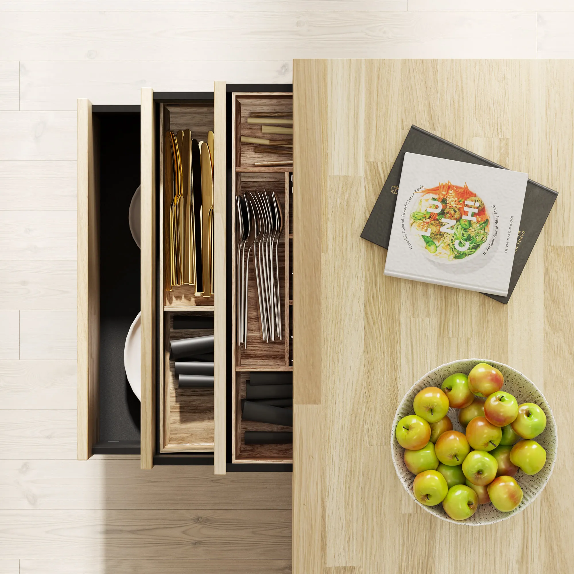 Tall oak pull-out larder drawers standing open beside a worktop, holding brass cutlery in wooden trays, stacked plates and dark storage containers.