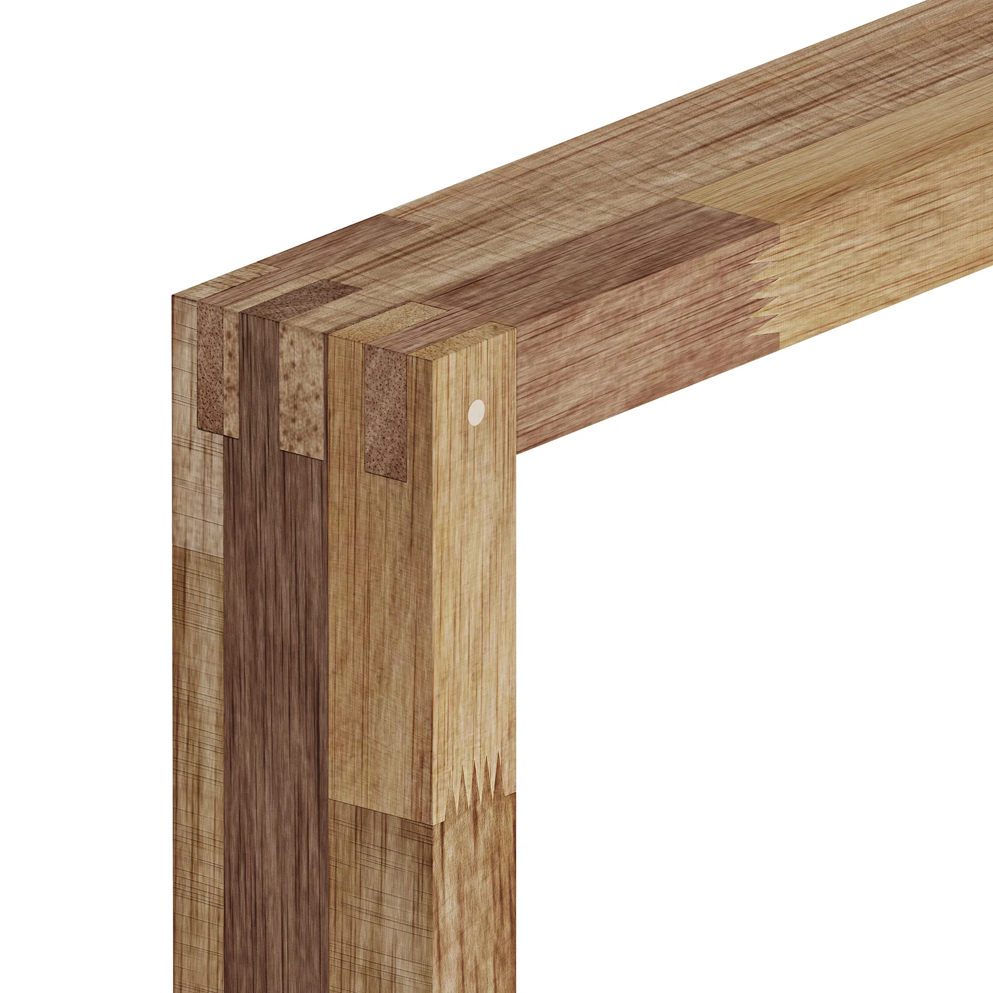 Macro of a solid oak frame corner showing finger-jointed construction, with visible end grain, glue lines and a dowel hole.
