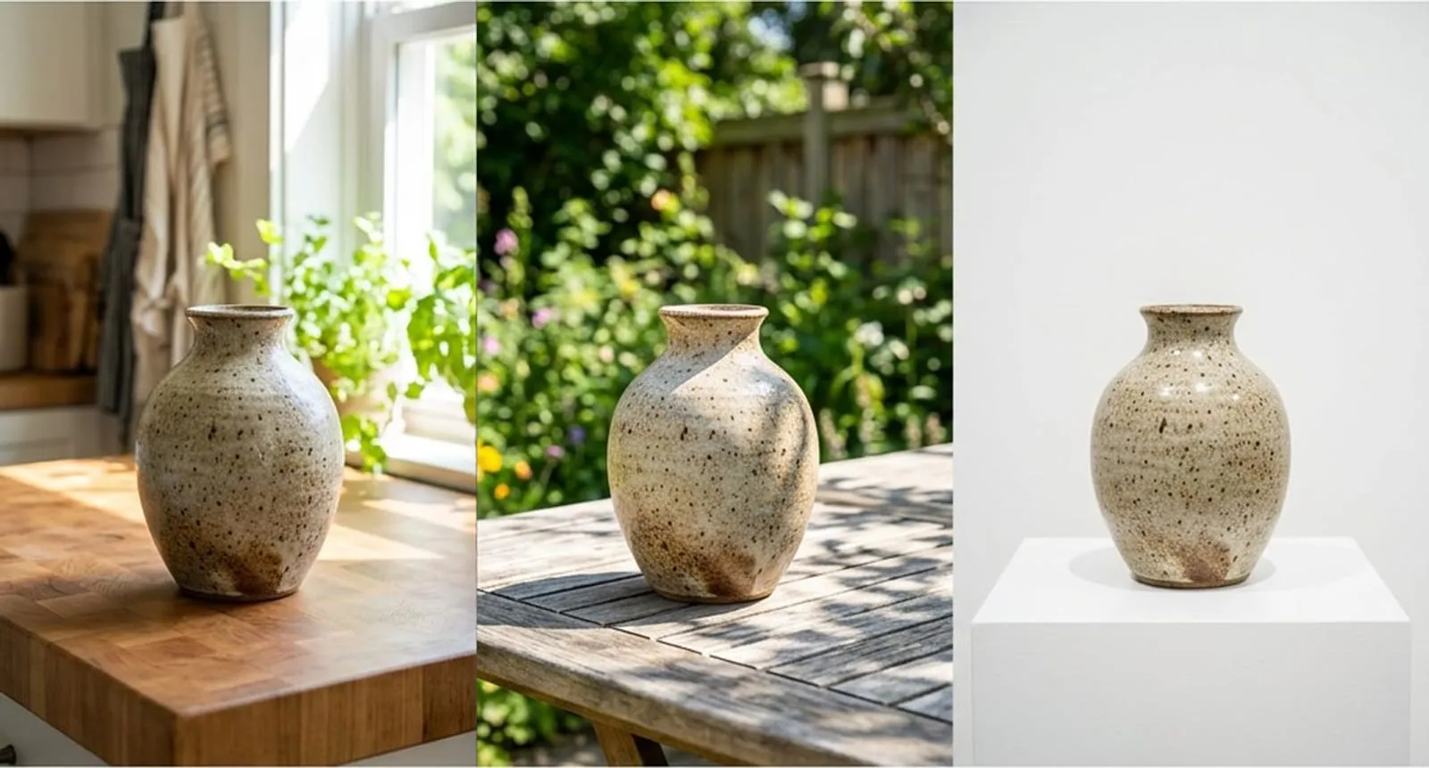 The same speckled ceramic vase in three different settings: a sunlit kitchen windowsill, a garden table in dappled light, and a white gallery plinth.