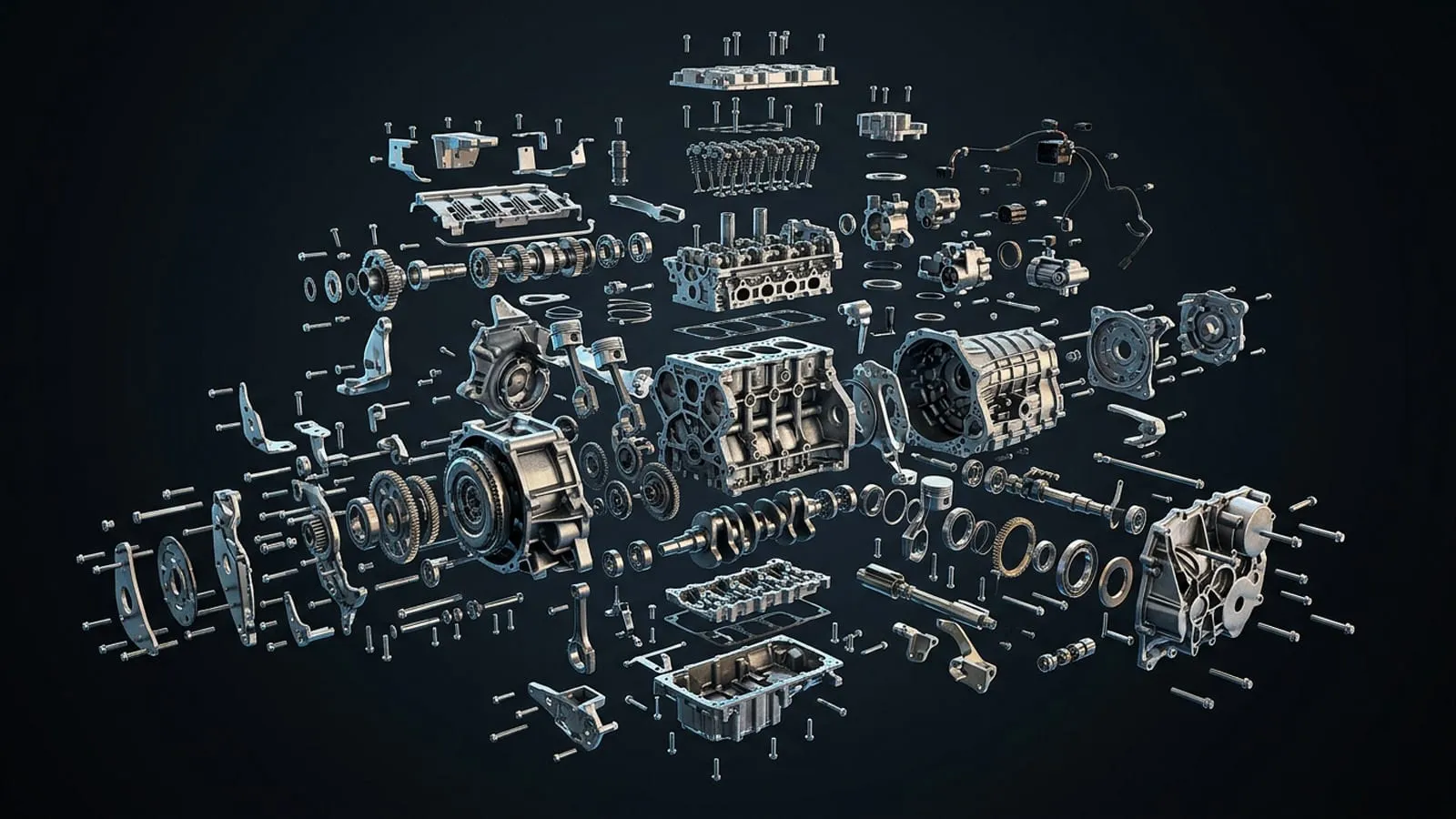 An exploded view of a complex engine assembly, hundreds of machined components suspended apart in ordered layers against a dark background.