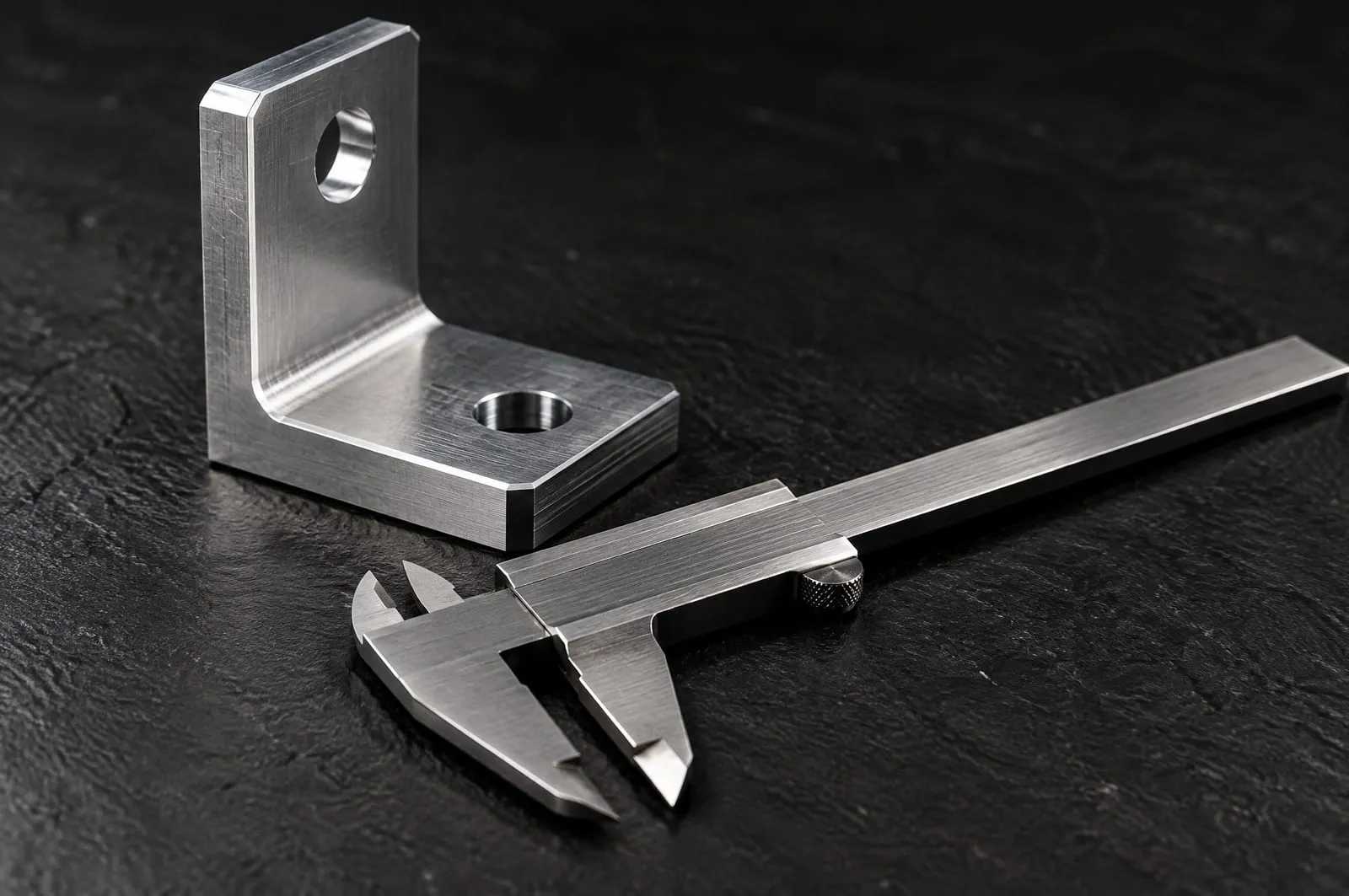 A precision-machined aluminium L-shaped bracket with two mounting holes standing on dark slate, with a pair of steel calipers lying beside it.