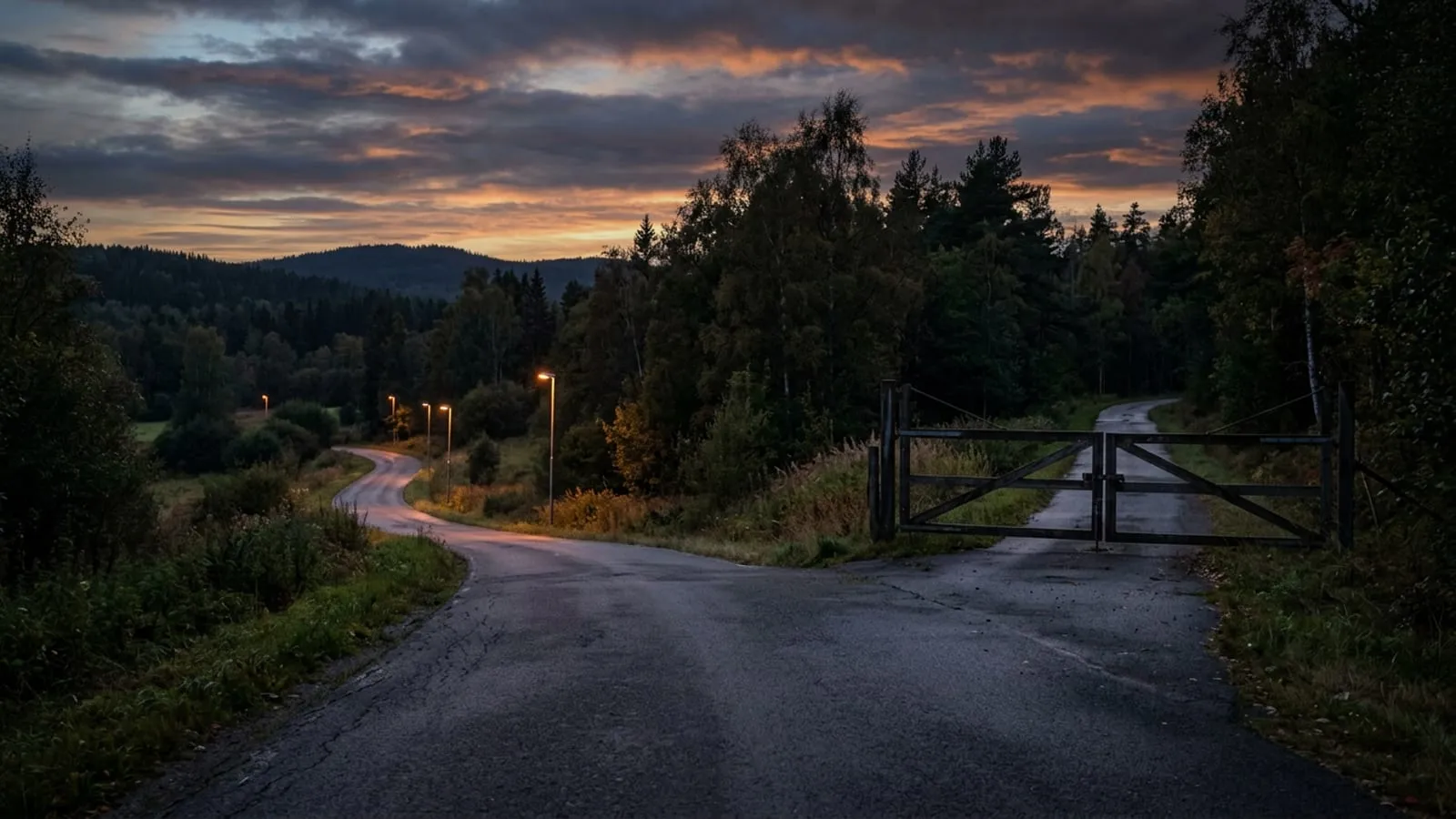 A wet country road at dusk forking in two directions, the left branch open and continuing into the distance, the right branch shut off by a closed metal farm gate.
