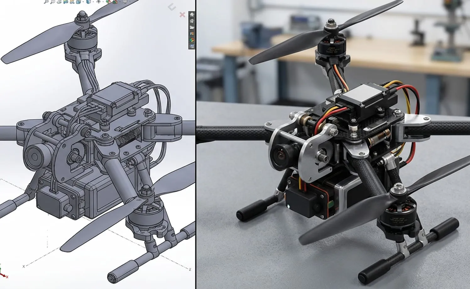A quadcopter drone shown twice side by side, as a flat grey CAD model on the left and as a photorealistic render on the right, from the same camera angle.