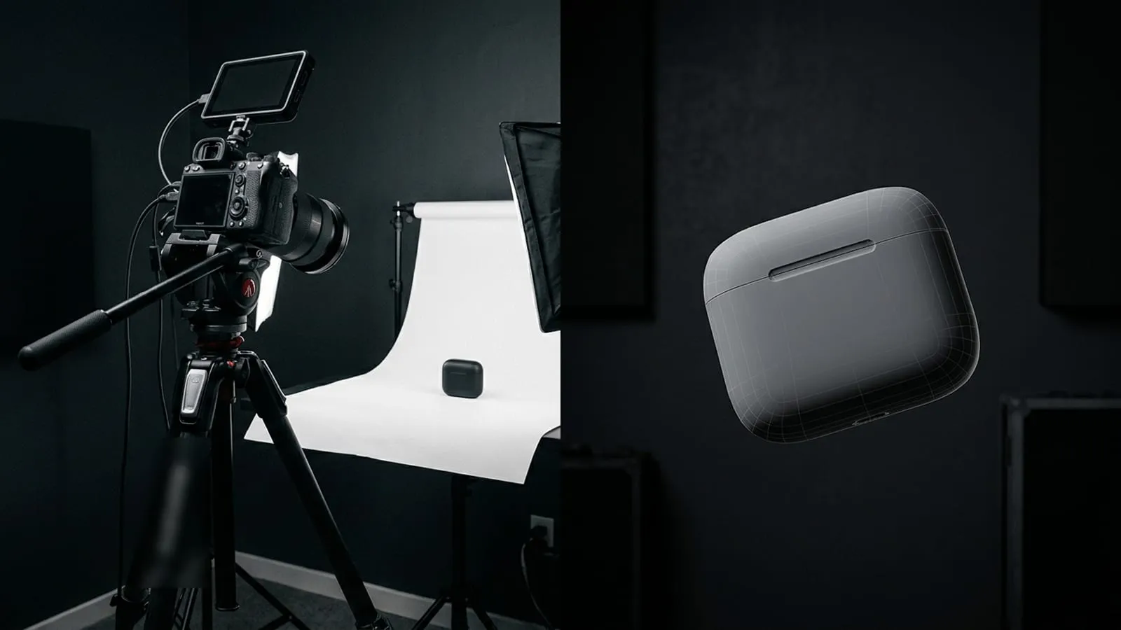 A camera on a tripod photographing a small product on a lit white sweep in a dark studio, next to the same product shown as an untextured grey 3D model with visible wireframe edges.