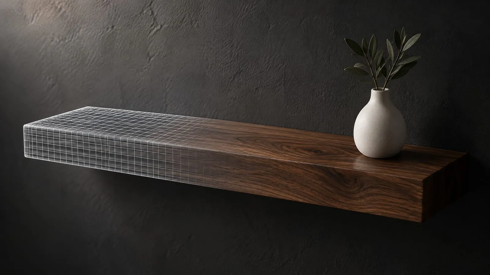A walnut floating shelf on a dark plaster wall, its left end shown as a white wireframe grid that fades into finished, oiled wood, with a white vase holding an olive sprig at the right.