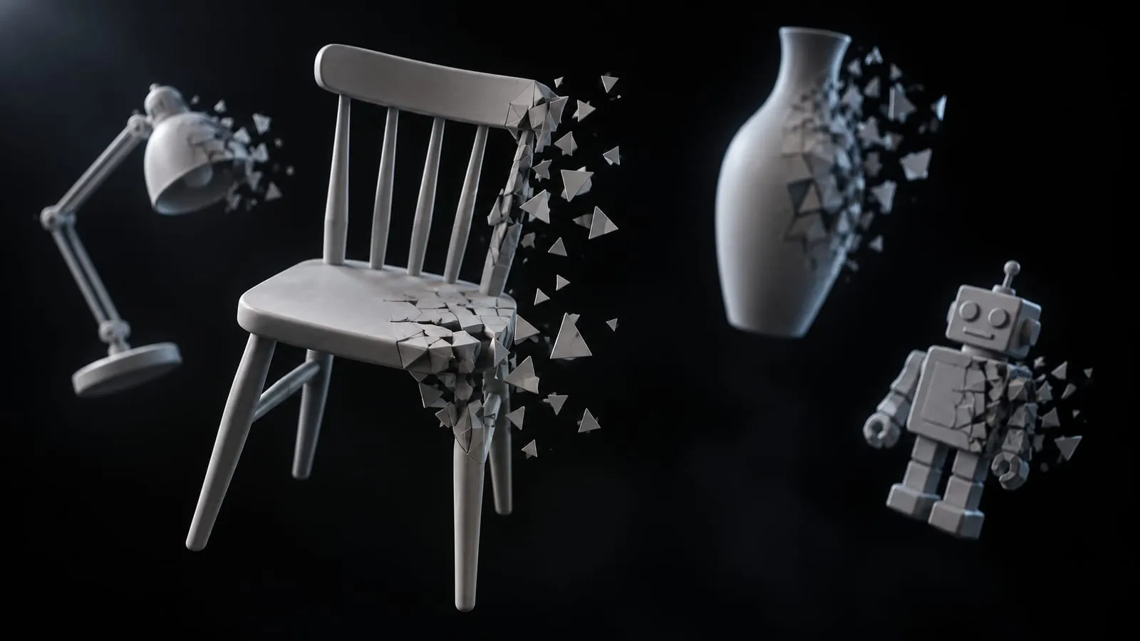 A cluster of untextured grey 3D models floating in darkness, a chair, a lamp, a vase and a toy robot, with parts of each breaking apart into flat triangular facets.