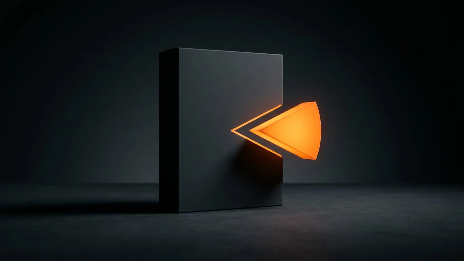 A dark product box on a studio surface with a glowing orange wedge cut out of it and floating slightly apart, like a slice removed from a pie chart.