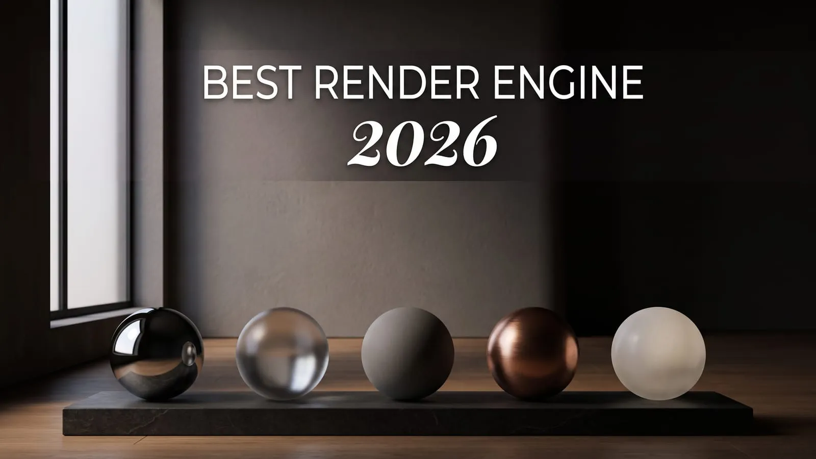 Five identical spheres in a row on a dark stone plinth in a dusk interior, finished in polished chrome, clear glass, matte clay, brushed copper and translucent wax, each catching the window light differently.