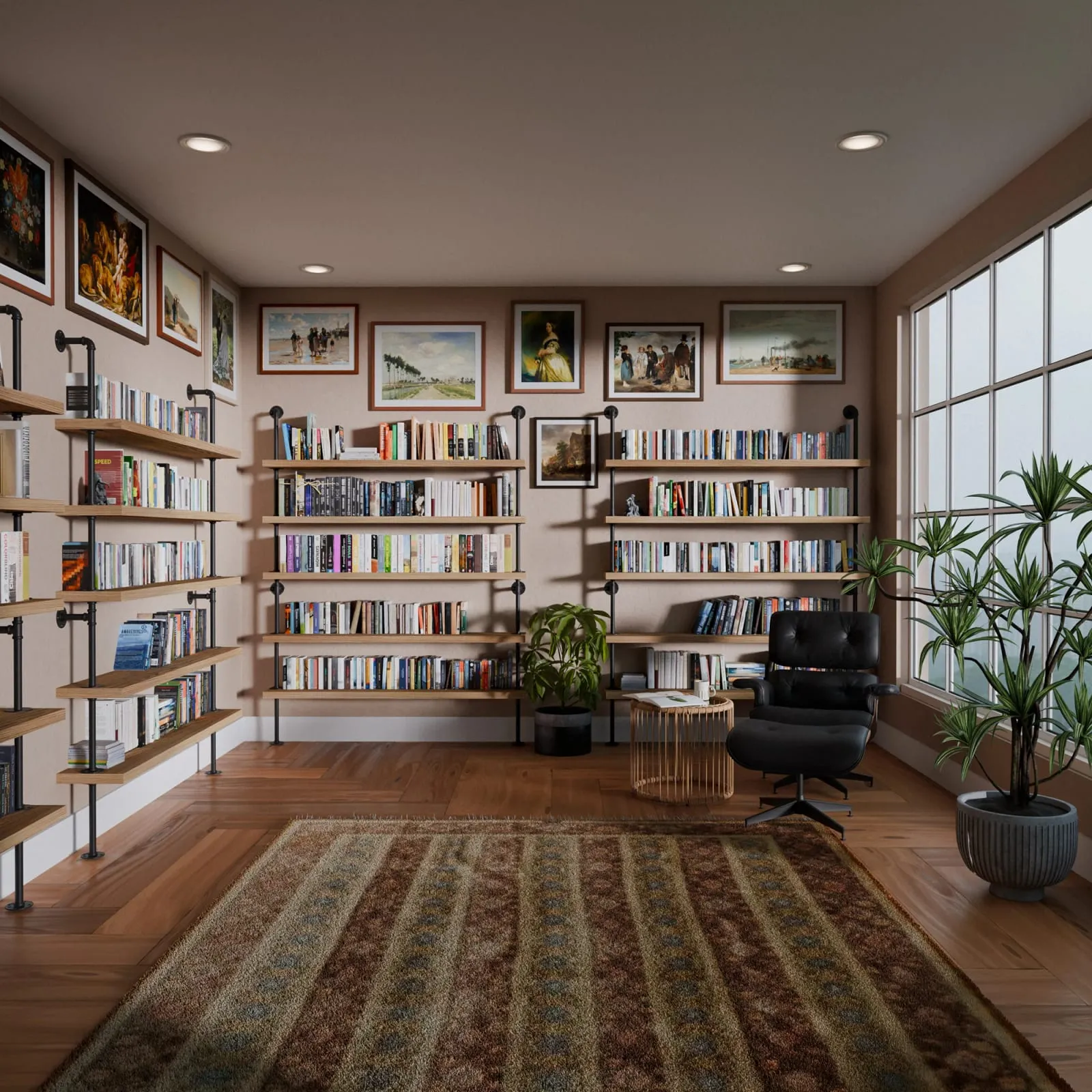 A long library room with dark timber shelving on both walls, framed pictures above, a patterned rug, a black leather lounge chair and daylight from tall windows at the far end.