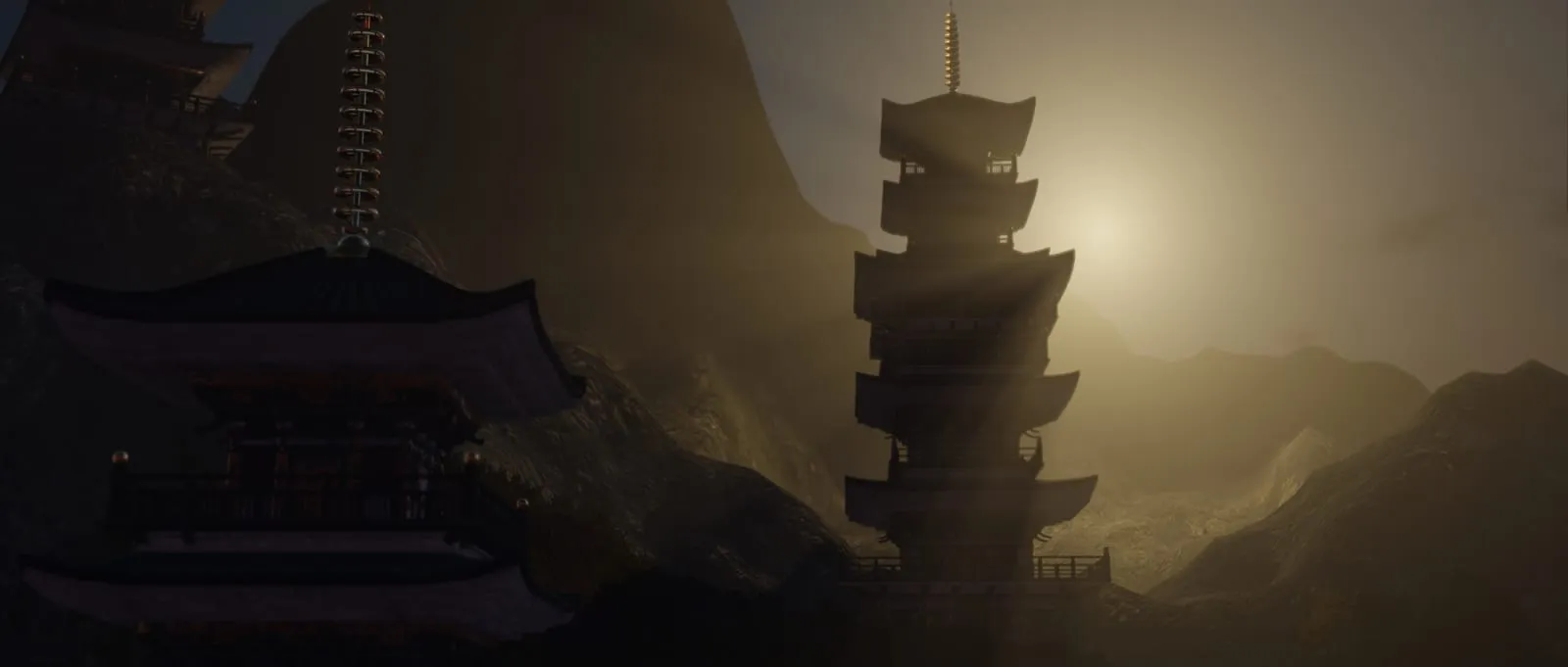 A pagoda silhouetted against a hazy sun in a mountain valley, with volumetric light filling the air between the temple roofs.