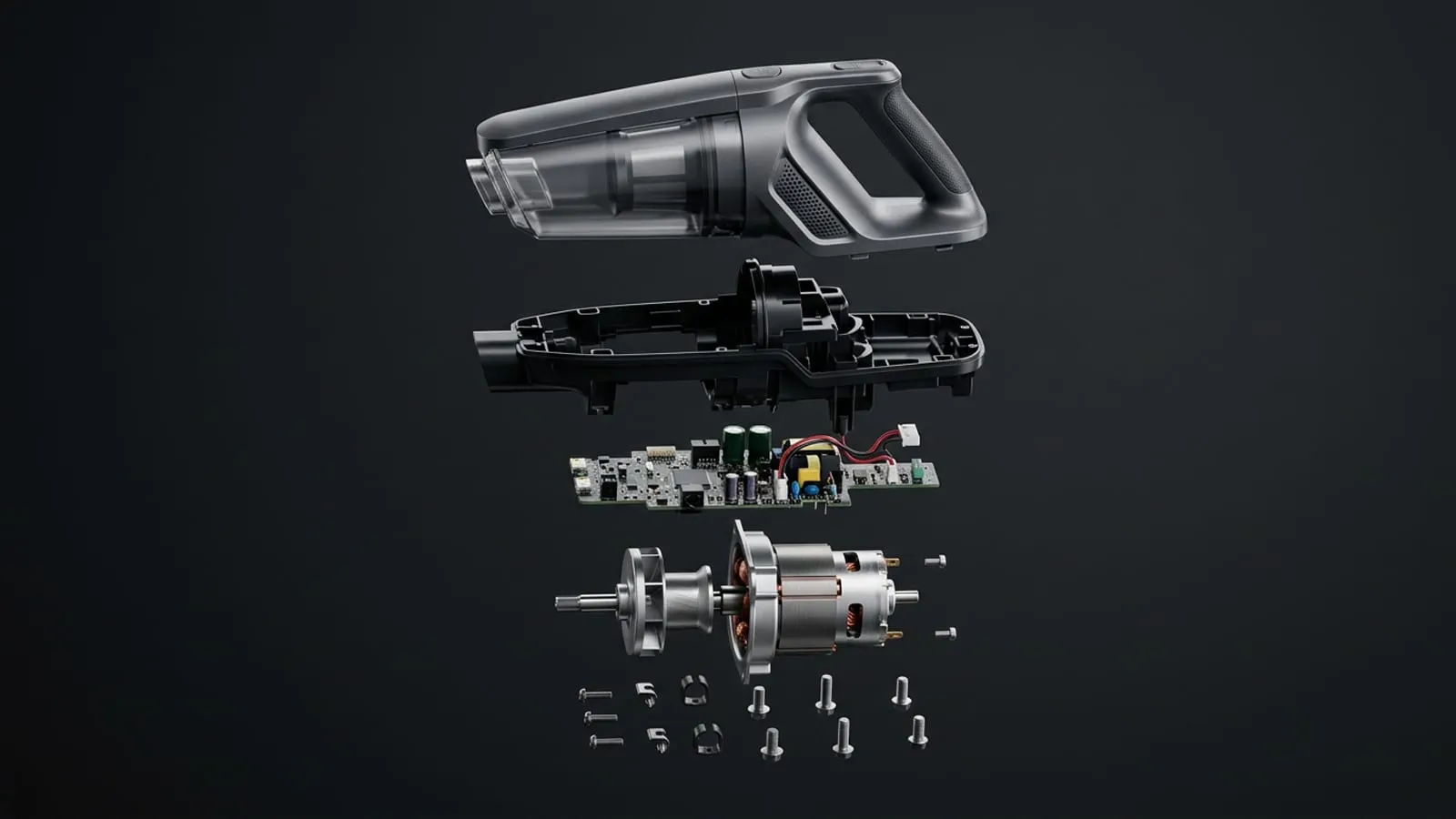 A cordless handheld vacuum separated into ordered layers along a vertical axis: the outer shell and handle, the internal chassis, a populated circuit board, the brush motor with its fan, and a row of screws and clips beneath.