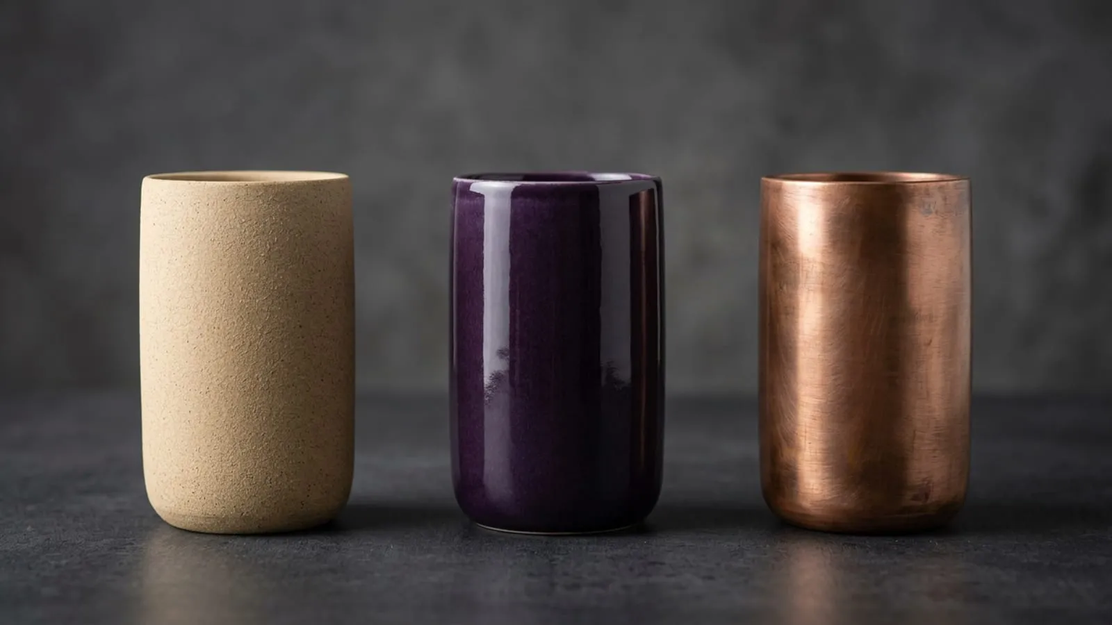 Three vessels of identical shape standing in a row on a dark stone surface against a pale concrete wall, finished in matte sand ceramic, glossy deep violet glaze and brushed copper.