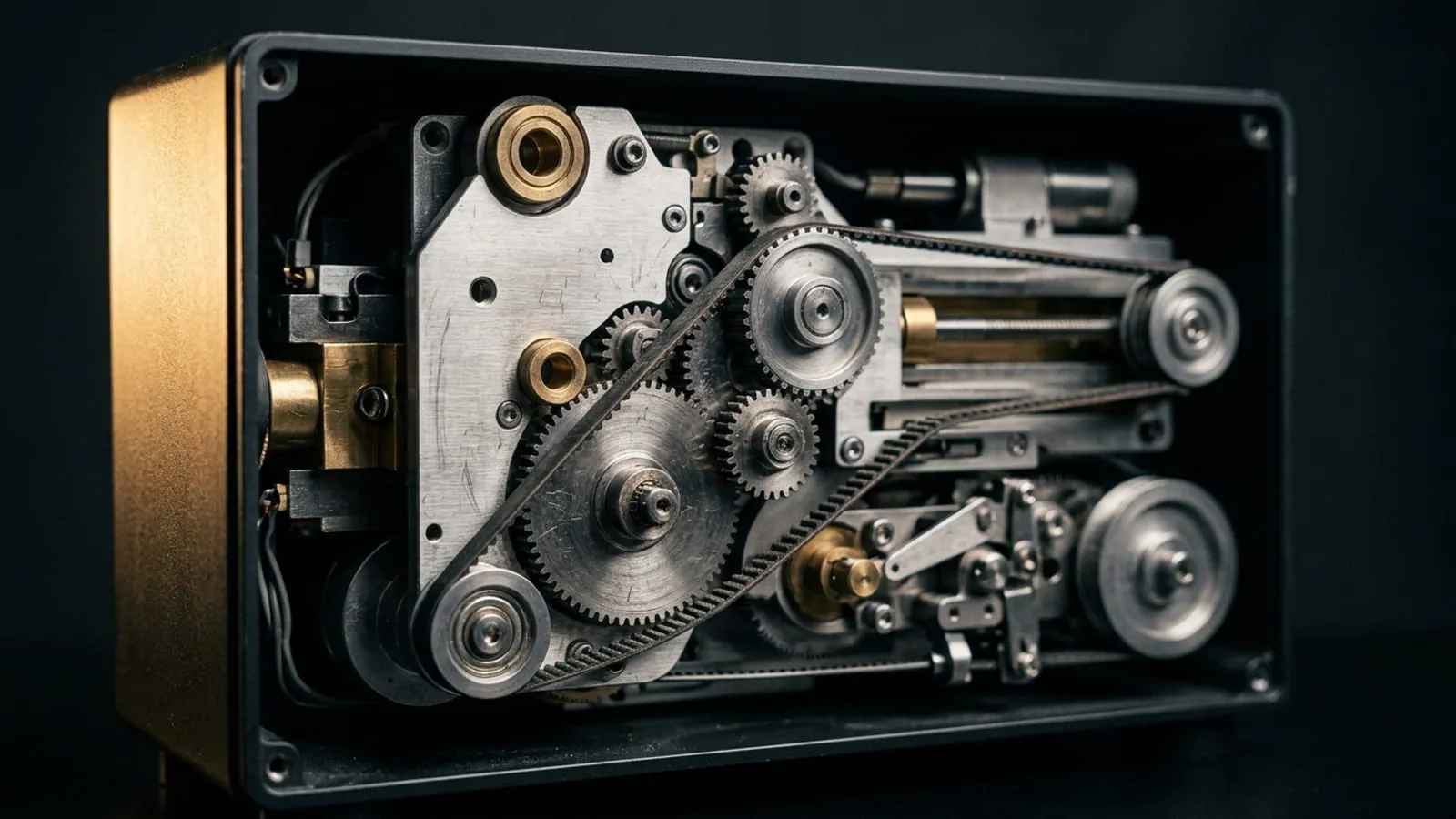 The inside of a precision machine with the housing open, showing brass bushings, steel gears and a drive belt under dramatic side lighting.