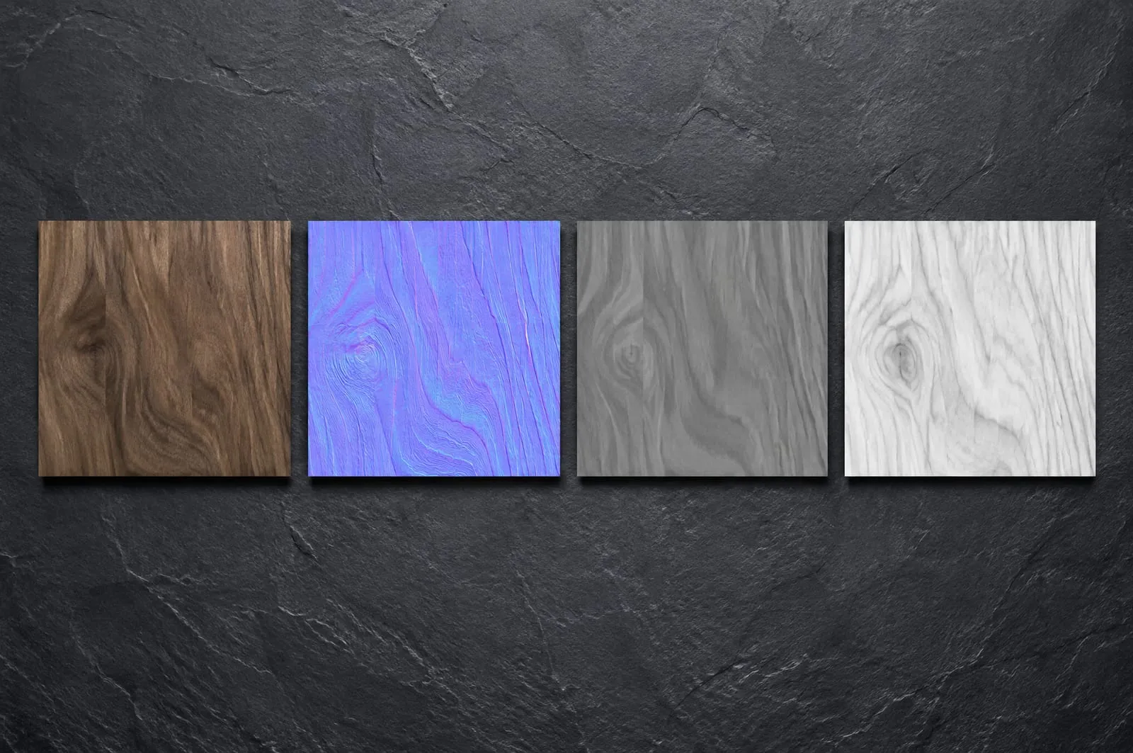 Four square material tiles in a row on dark slate, each showing wood grain: in natural walnut colour, in the purple and blue of a normal map, as a grey roughness map, and as a pale black and white occlusion map.