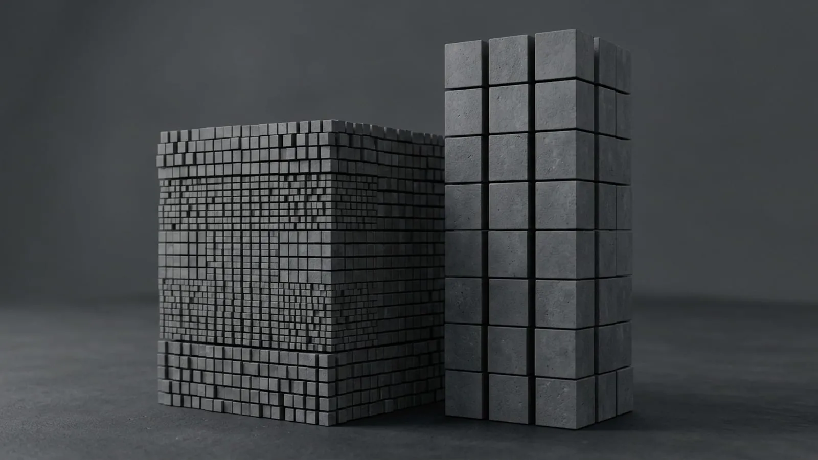 Two stacks of grey concrete blocks side by side. The left is built from many small blocks and is wider but shorter; the right is built from fewer large blocks and is narrower but taller.