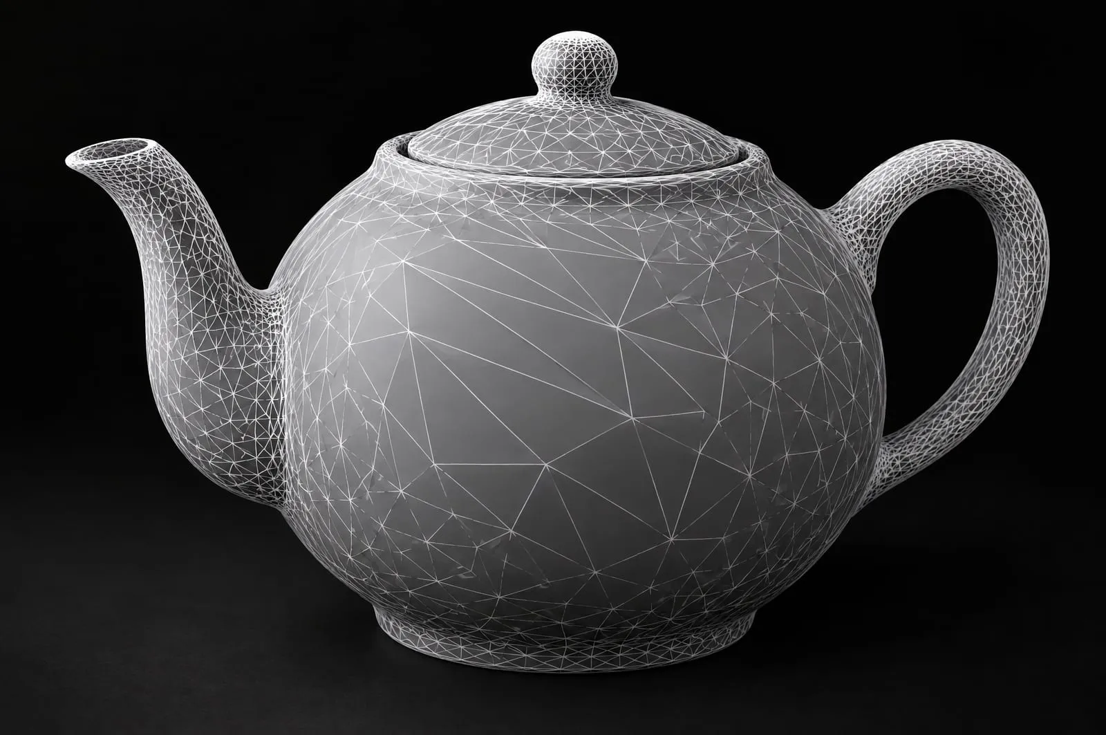 A ceramic teapot on a dark background rendered as a dense white triangle wireframe over a pale grey surface, the triangles uneven in size across the body and spout.