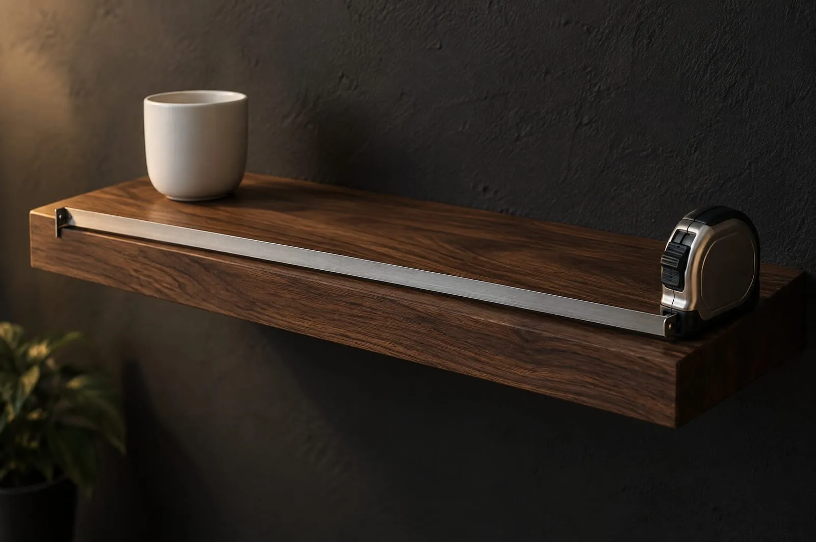 A walnut floating shelf on a dark wall, with the blade of a steel tape measure run along its front edge and hooked over the far end, and a small white ceramic cup standing on it.