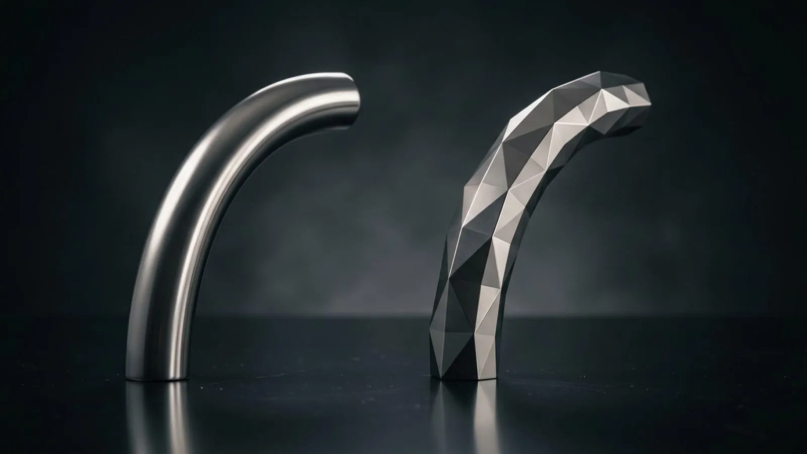 Two identical curved metal forms on a dark surface. The left is perfectly smooth with a continuous highlight along its curve; the right is broken into flat triangular facets that catch the light in hard steps.