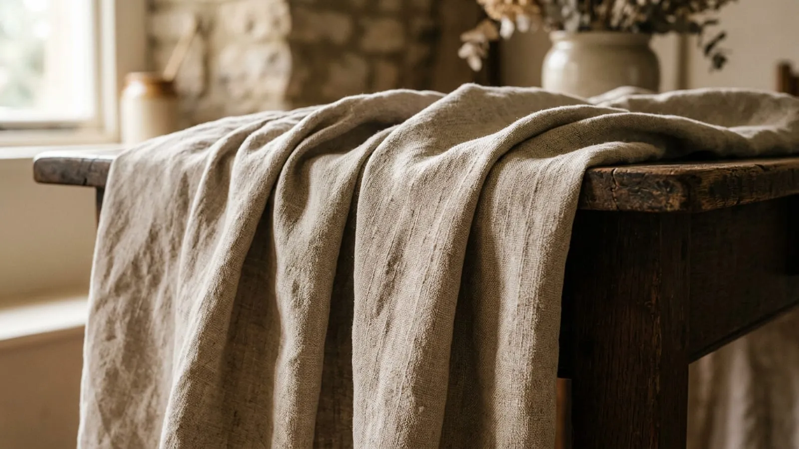 Heavy linen fabric draped over the edge of a rustic wooden table in warm daylight, deep folds and visible woven texture.
