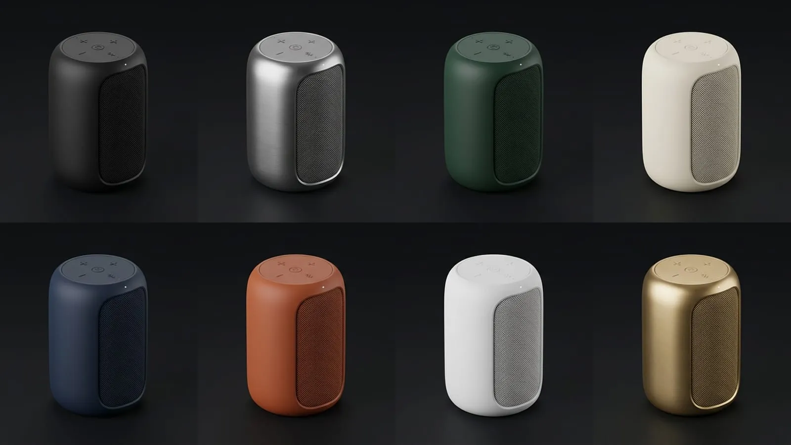 The same speaker shown eight times in a grid, identical in shape and lighting, each in a different finish: black, brushed steel, green, cream, navy, terracotta, white and brass.